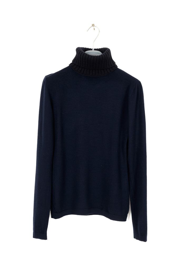 2004 A/W NAVY BLUE SWEATER WITH CONTRASTING HEAVY WOOL HIGH-NECK COLLAR