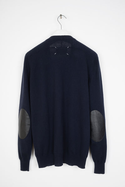 2009 A W DARK BLUE WOOL CARDIGAN WITH LAMB LEATHER ELBOW PATCHES